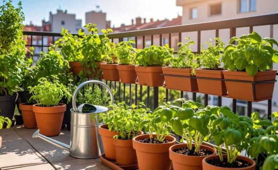 Home kitchen garden setup with potted herbs and vegetables near a window or on a balcony