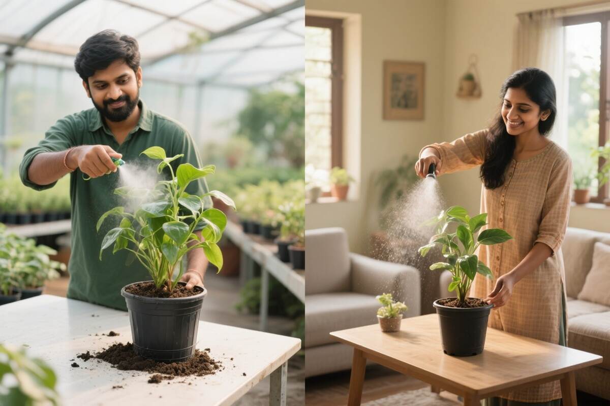Why Shop With Us 4 Phone screen showing plant care tips on WhatsApp beside potted plant on table, bright daylight, minimal indoor setup