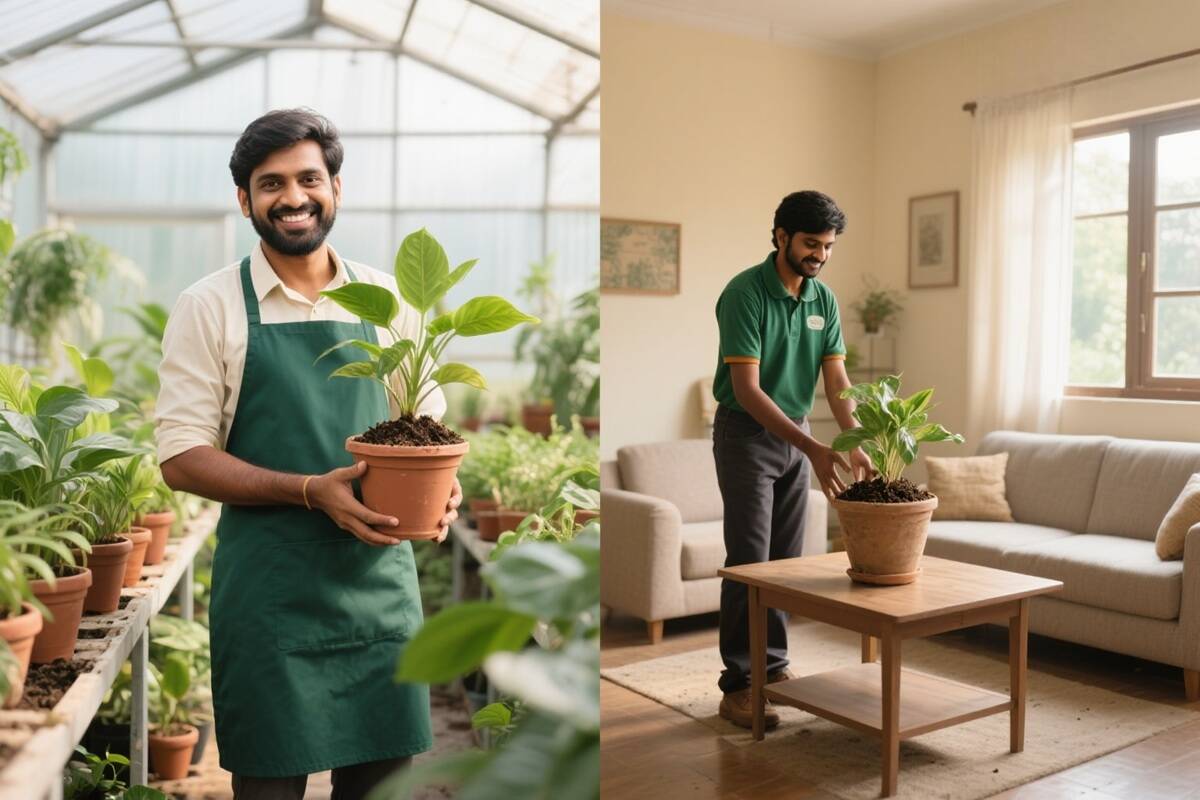 Why Shop With Us 1 Gardener delivering unpacked potted plant from farm to customer’s home in Bangalore, fresh soil visible, no plastic wrapping