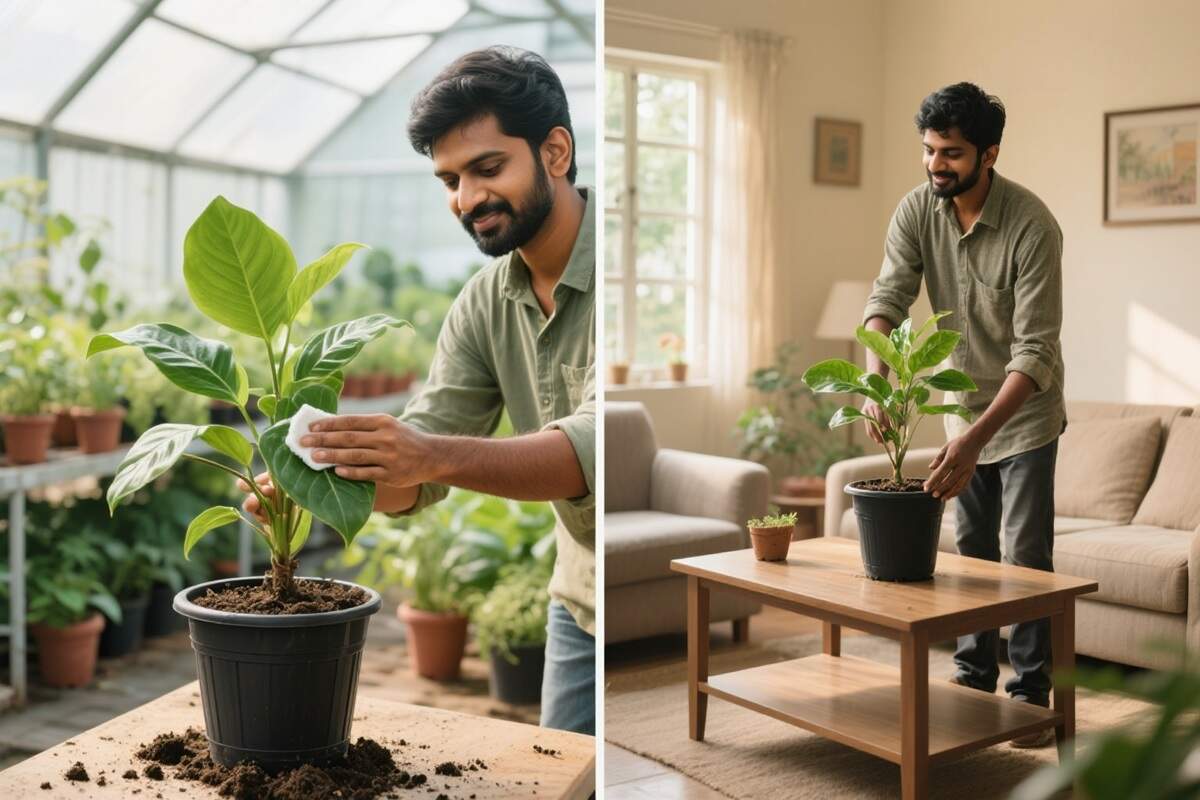 Why Shop With Us 3 Gardener cleaning plant leaves with soft cloth in local Bangalore nursery, bright green healthy plants in background