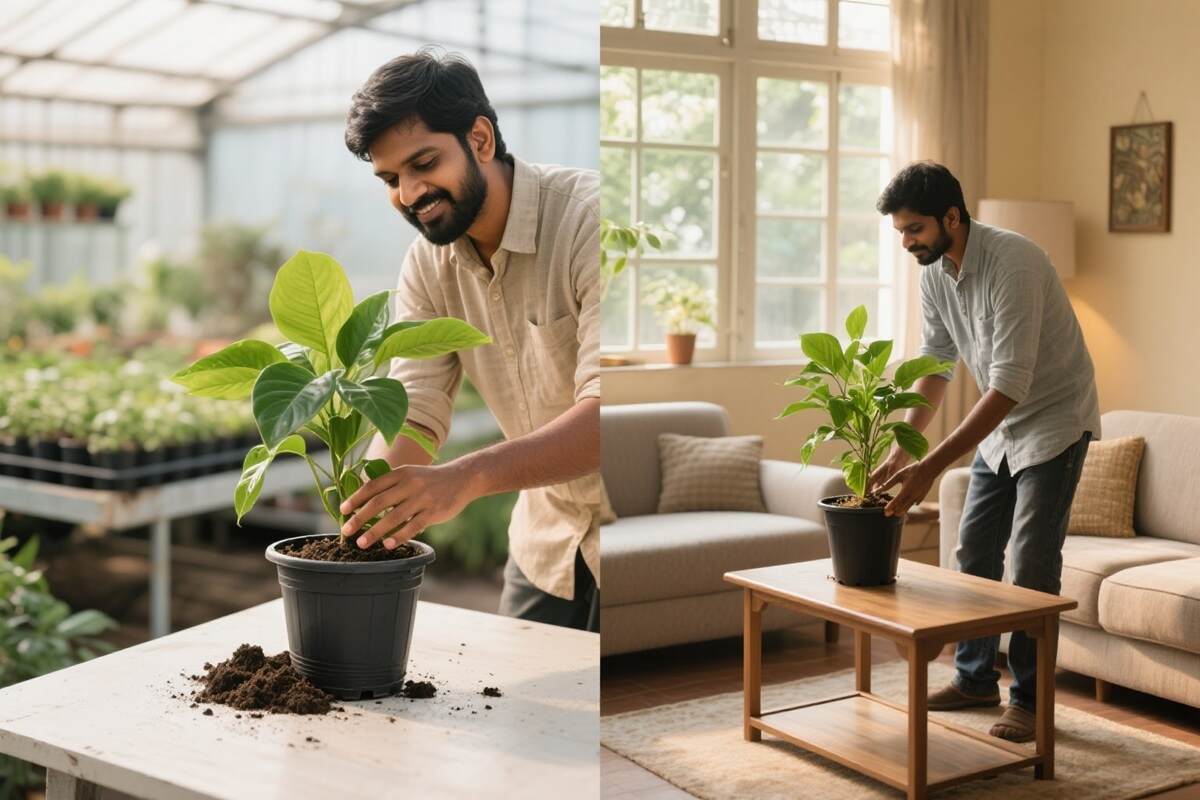 Why Shop With Us 5 Nursery worker inspecting healthy potted plants in greenhouse before delivery, ensuring top quality, Bangalore plant nursery
