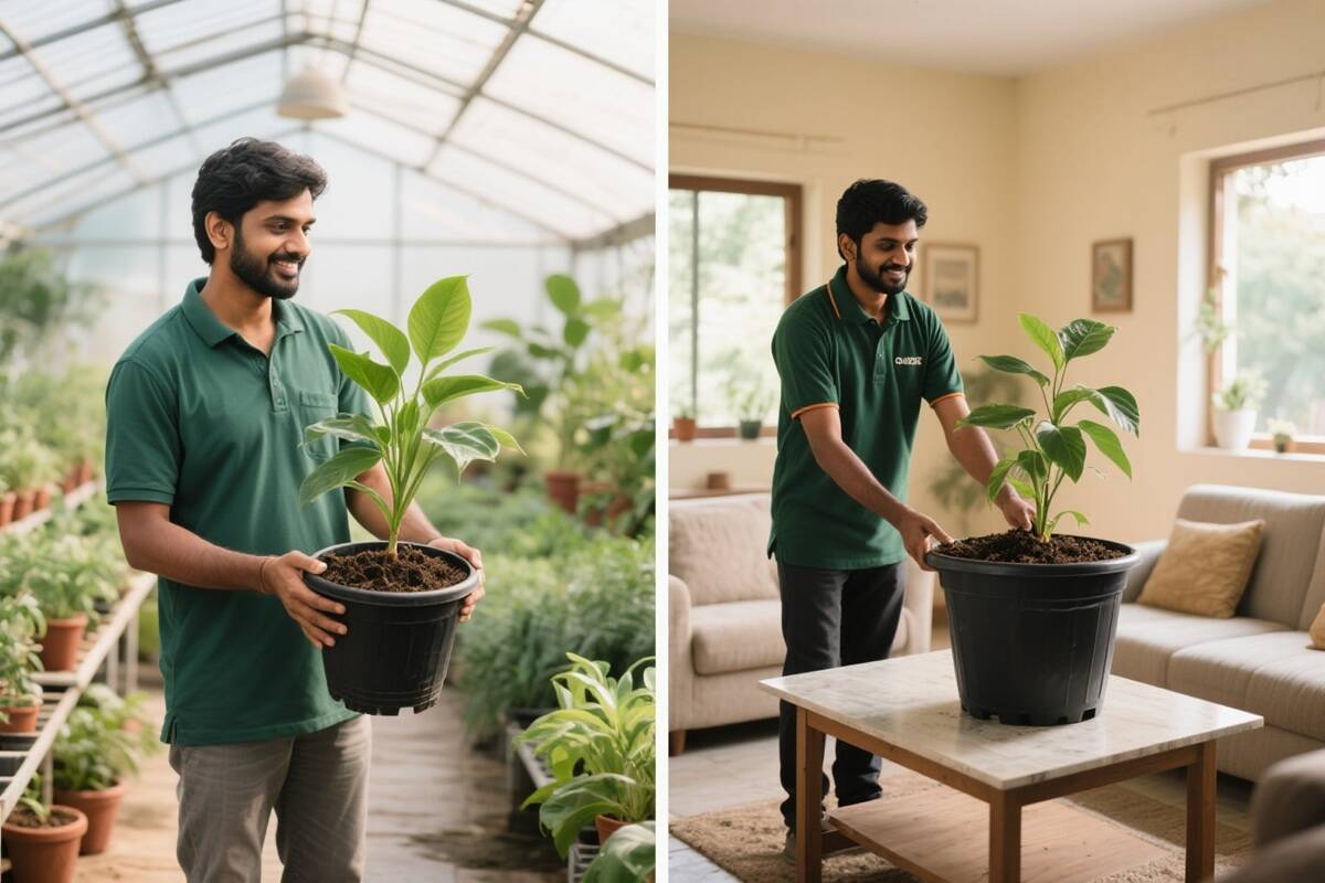 Why Shop With Us 2 Healthy indoor plant in large ceramic pot, showing spacious soil area and strong roots, home background, Bangalore plant delivery