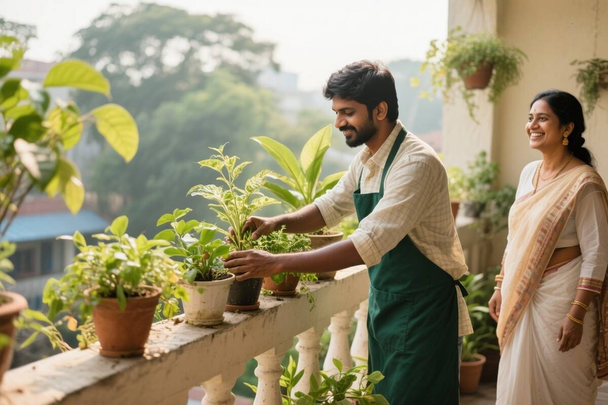 Indian gardener arranging plants on a customer’s balcony in Bangalore, showing Yoidentity’s professional garden setup and maintenance services