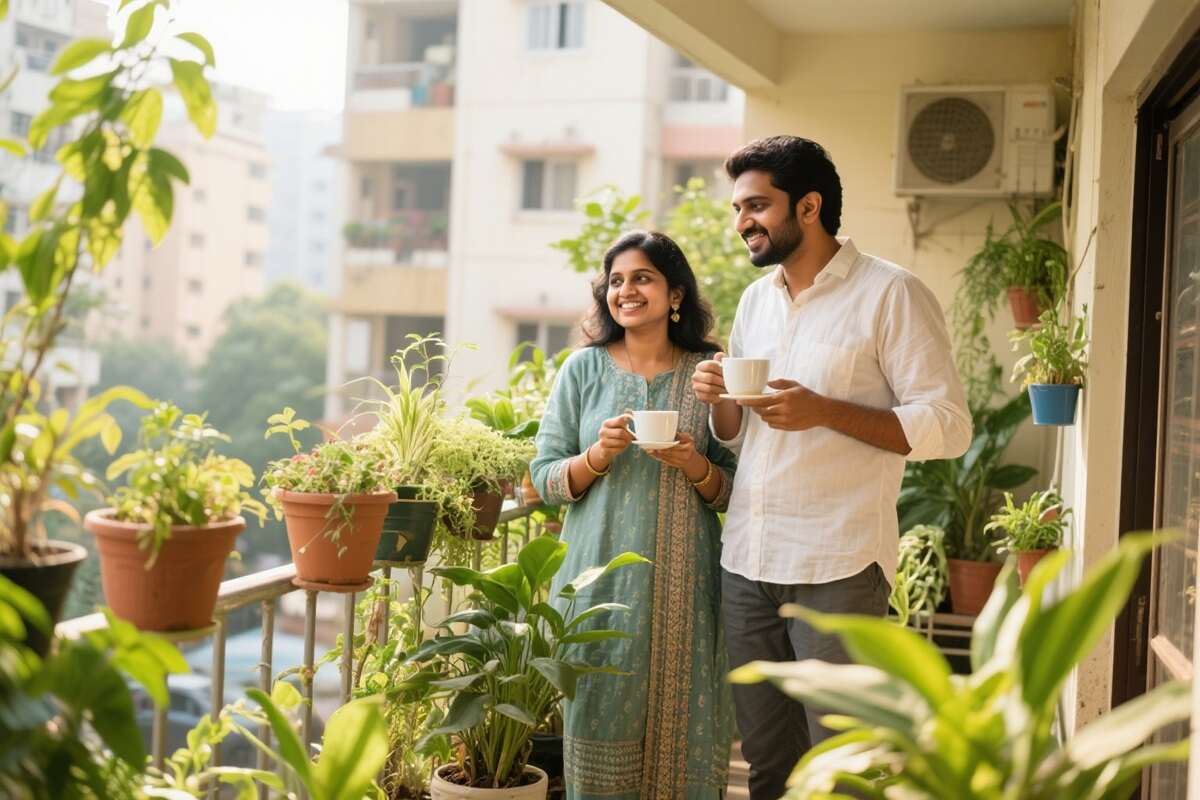 Happy Indian family enjoying their balcony garden with lush green plants from Yoidentity, showing trust and satisfaction