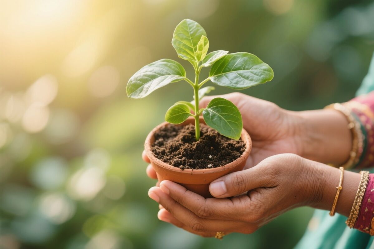 Close-up of Indian gardener’s hands holding a healthy potted plant, symbolizing Yoidentity’s quality, care, and freshness