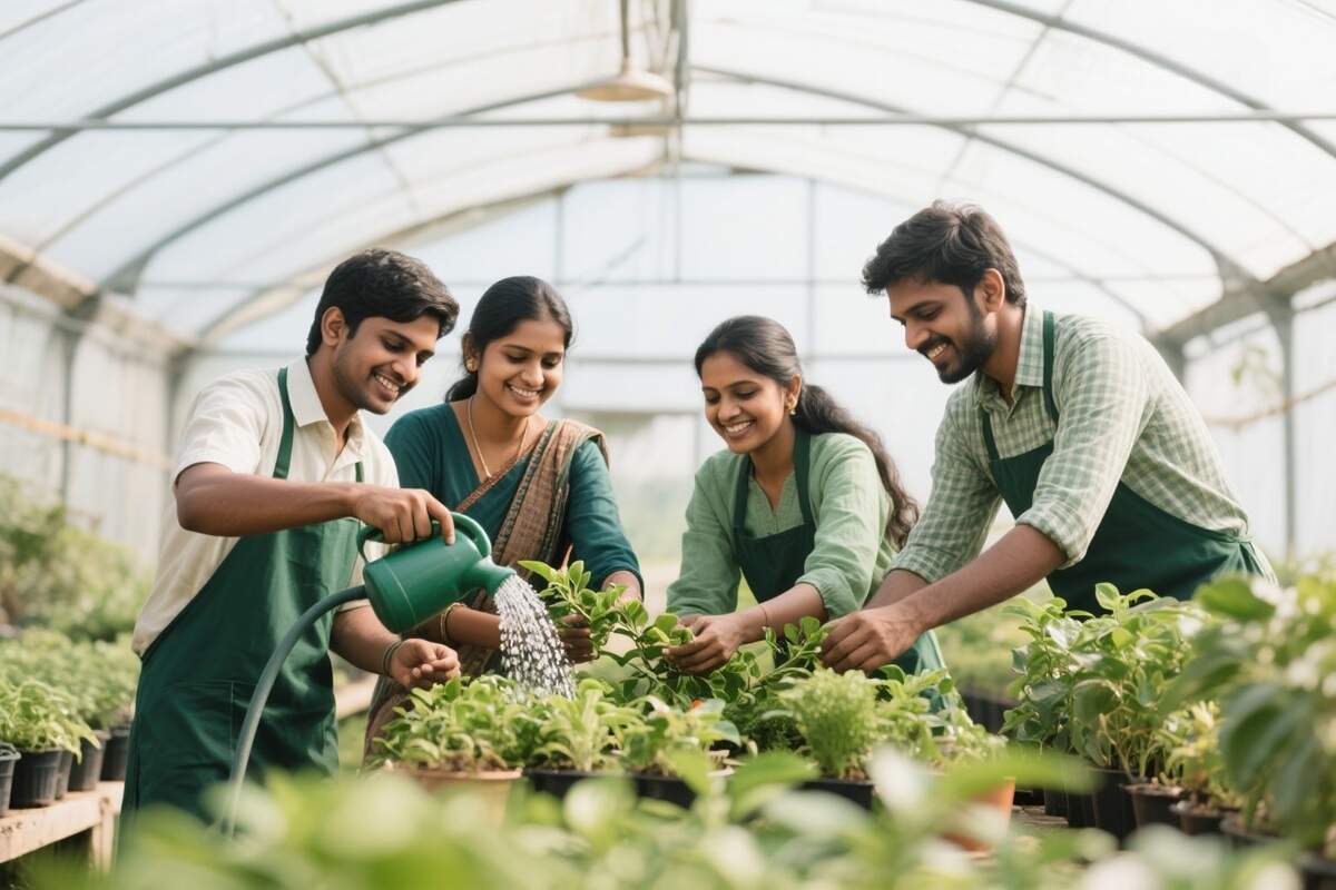 Yoidentity team of Indian gardeners working together in a greenhouse, caring for plants with honesty and teamwork in Bangalore
