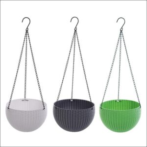 Set of 3 multicolour hanging plastic planters – 7–8 inch round pots