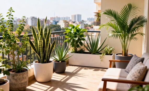 A lush Bangalore balcony filled with low-maintenance plants like Tulsi, Snake Plant, Money Plant, Aloe Vera, and Areca Palm, creating a fresh and vibrant home garden atmosphere.