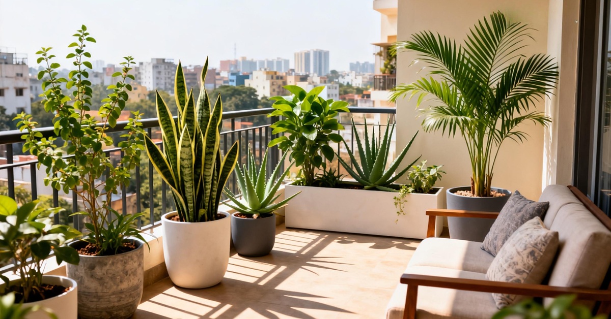 Top 10 Low-Maintenance Plants to Grow in Bangalore 1 A lush Bangalore balcony filled with low-maintenance plants like Tulsi, Snake Plant, Money Plant, Aloe Vera, and Areca Palm, creating a fresh and vibrant home garden atmosphere.