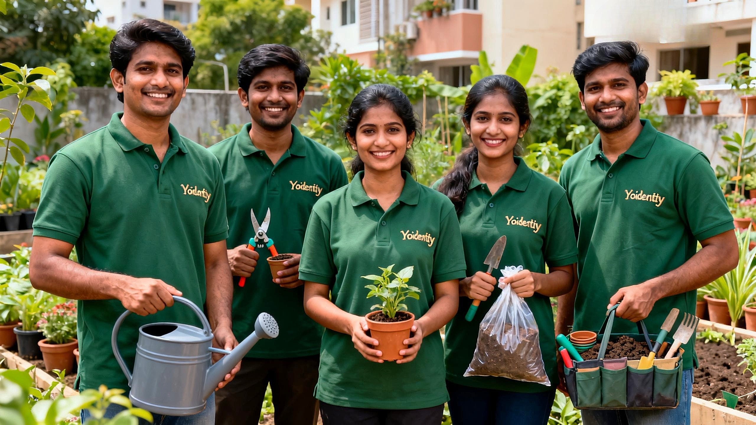 Gardener Services 1 Yoidentity gardening team holding plants and tools in a residential garden.