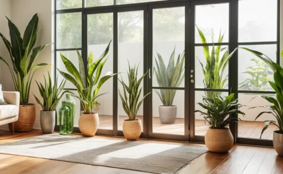 Bright living room with various indoor plants like Snake Plant, Aloe Vera, Peace Lily, and Money Plant placed near a glass door with natural sunlight streaming in, creating a cozy and vibrant indoor garden atmosphere.