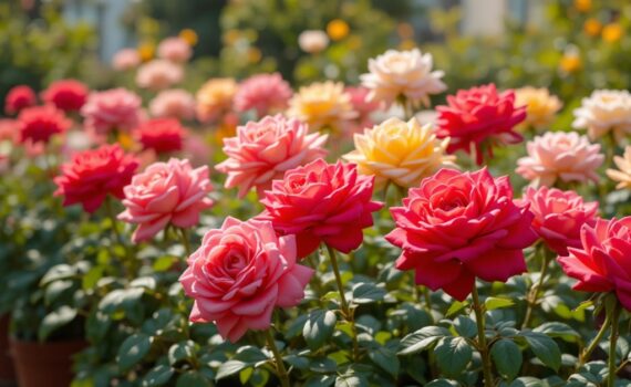 Beautiful rose garden with vibrant red, pink, yellow, and white blooms in warm sunlight.