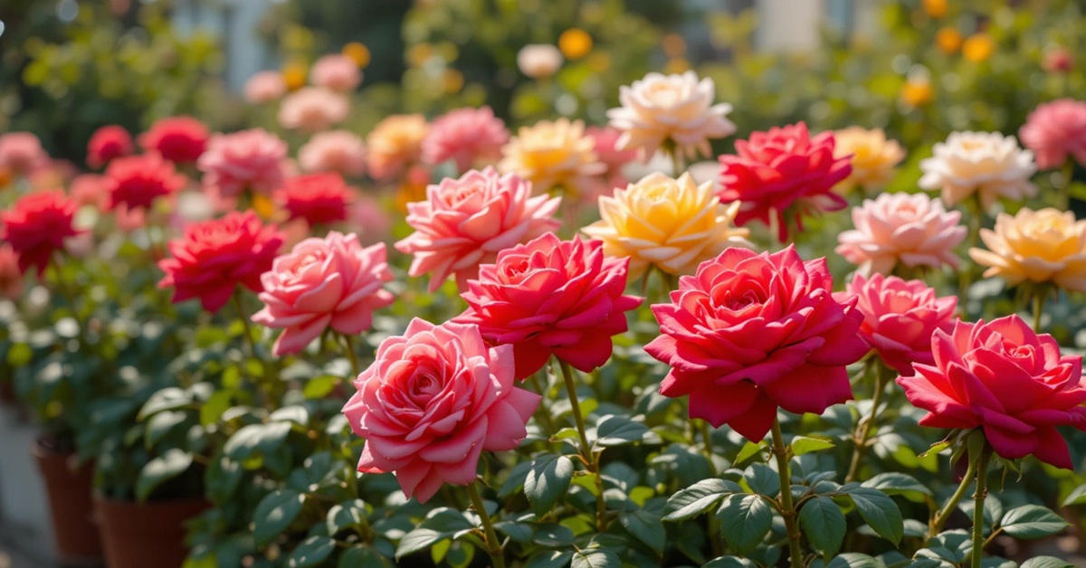 10 Things to Arrange Before Buying Roses Online 1 Beautiful rose garden with vibrant red, pink, yellow, and white blooms in warm sunlight.