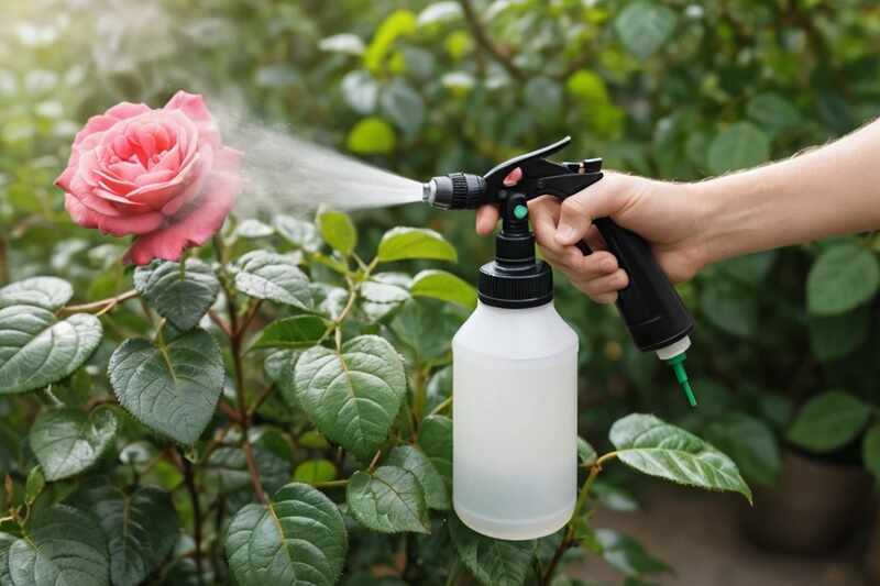 10 Things to Arrange Before Buying Roses Online 9 Gardener spraying insecticide on rose plant leaves using a spray bottle