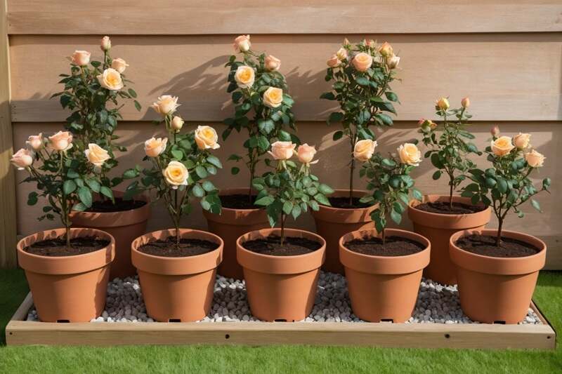 10 Things to Arrange Before Buying Roses Online 3 Potted rose plants arranged with proper spacing in a garden area