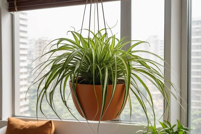 Top 10 Low-Maintenance Plants to Grow in Bangalore 10 Spider Plant hanging in a planter inside a Bangalore apartment with bright natural light