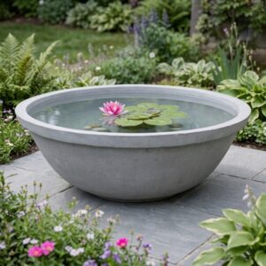 Large round cement lotus and water lily pond bowl used as an outdoor garden water feature, ideal for aquatic plants and decorative mini pond setups.