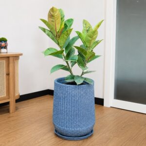Orbit Textured Round FRP Planter 18 inch with saucer, modern durable lightweight planter for indoor and outdoor plants in homes, offices, balconies, and gardens.
